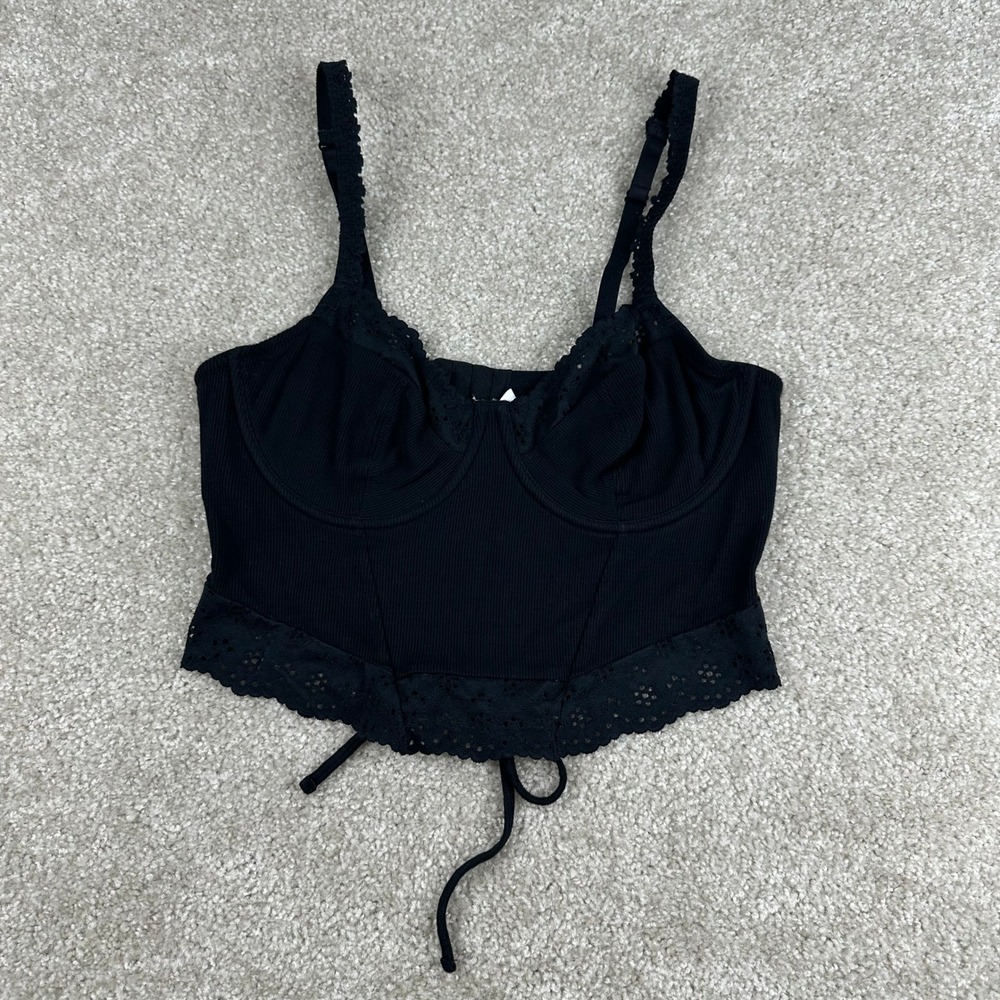 Colsie Black Ribbed Corset Top Lace Trim Underwire Bustier Camisole Large Y2K